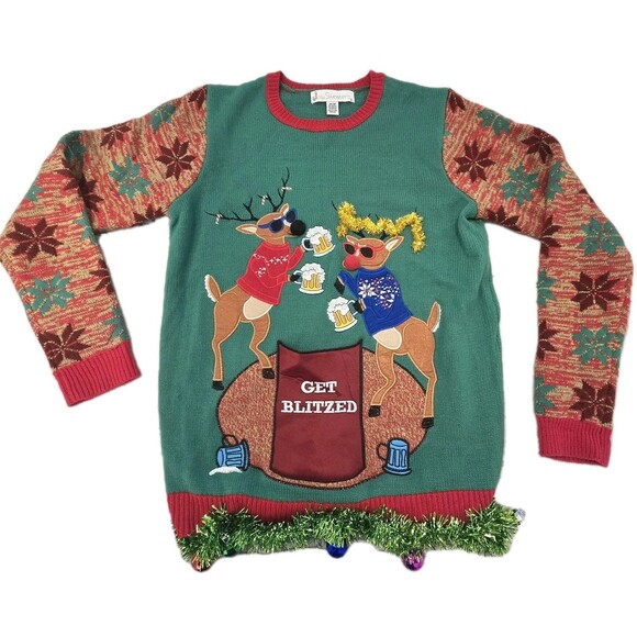 Jolly Sweaters Sweater Mens Medium Ugly Christmas Get Blitzed Reindeer Koozie - Picture 1 of 9